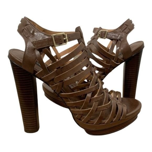 Ann Taylor Womens 9.5 Strappy Brown Leather Sandals High Heel Platform - Picture 1 of 12